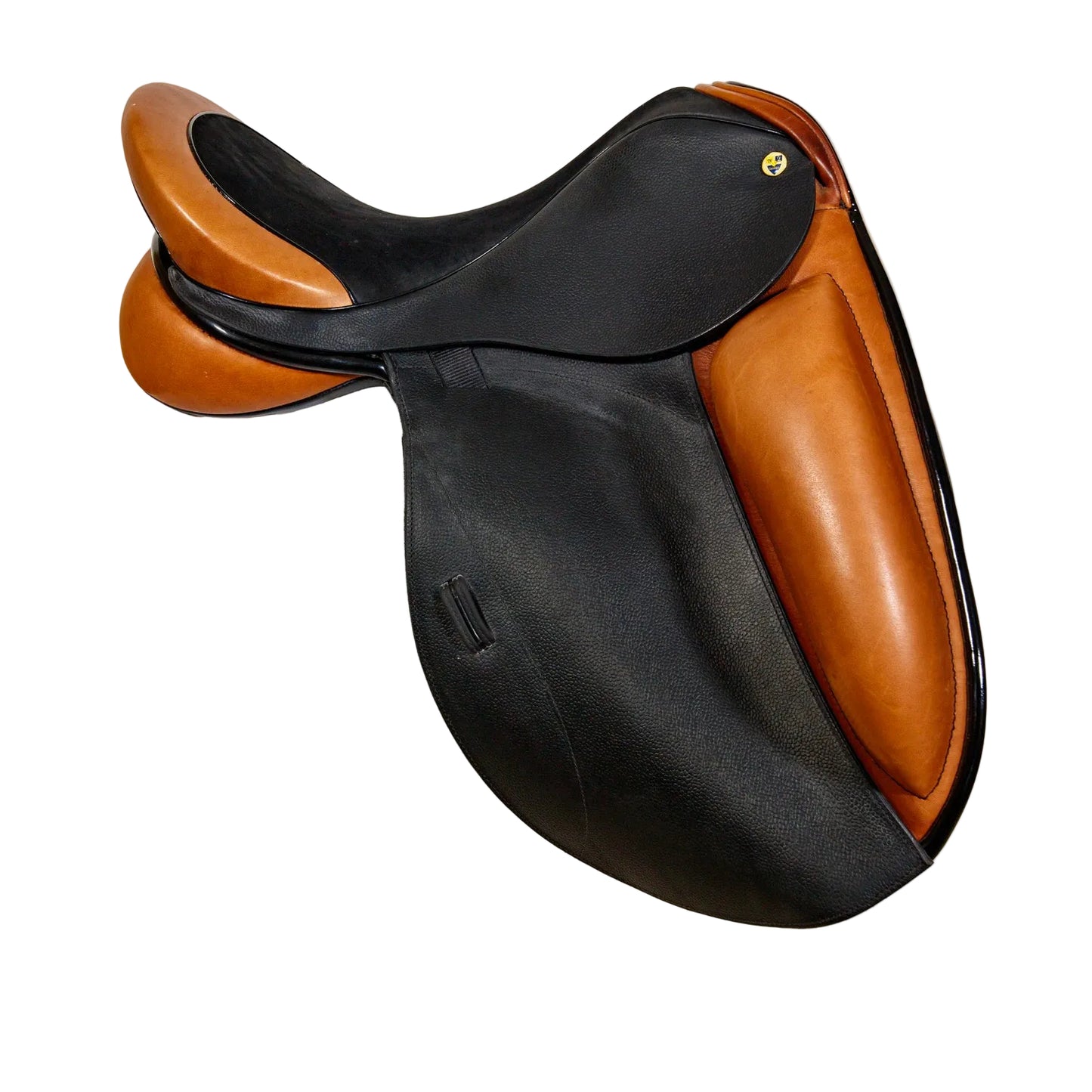 Black and brown leather saddle on a white background