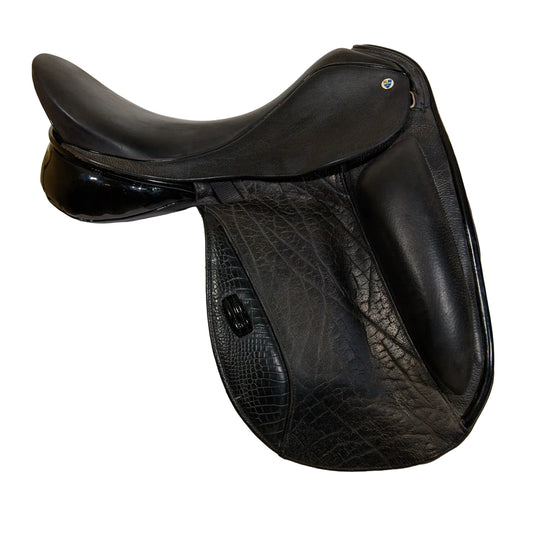 Black leather equestrian saddle on a white background