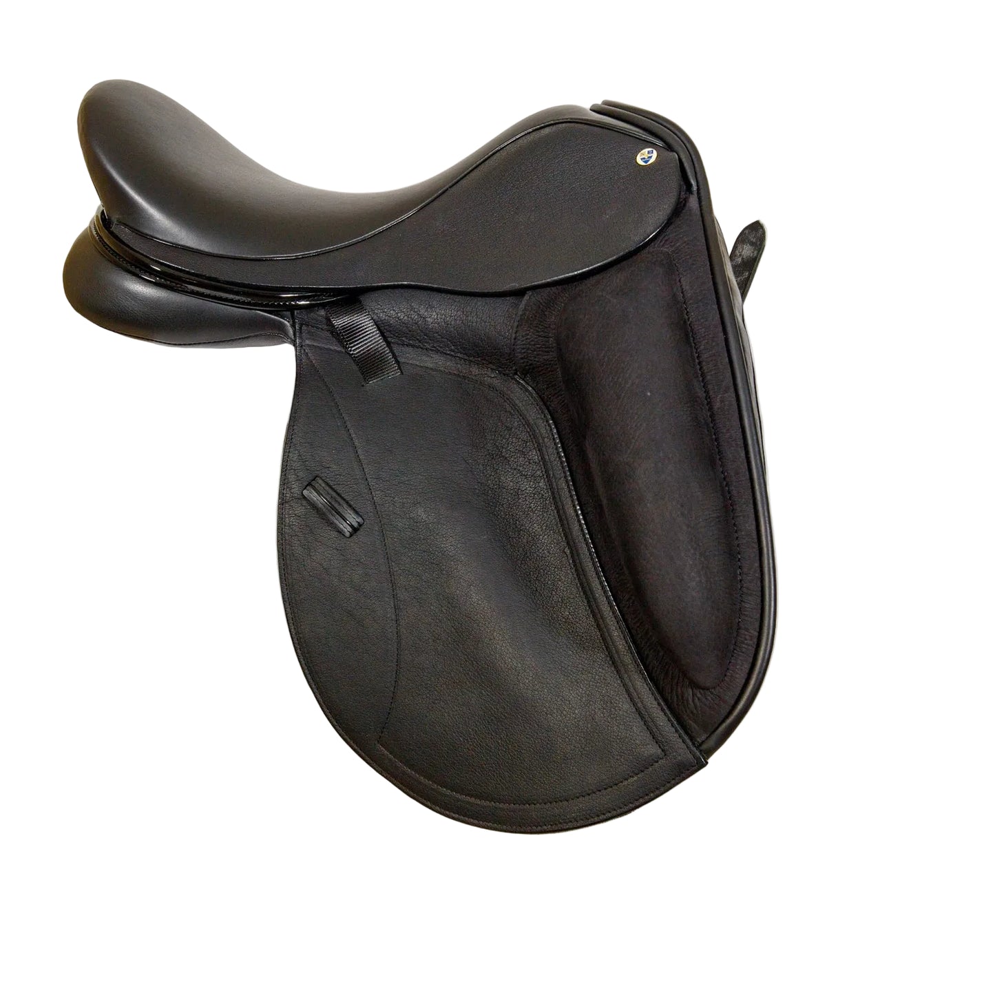 Black leather saddle on a white background