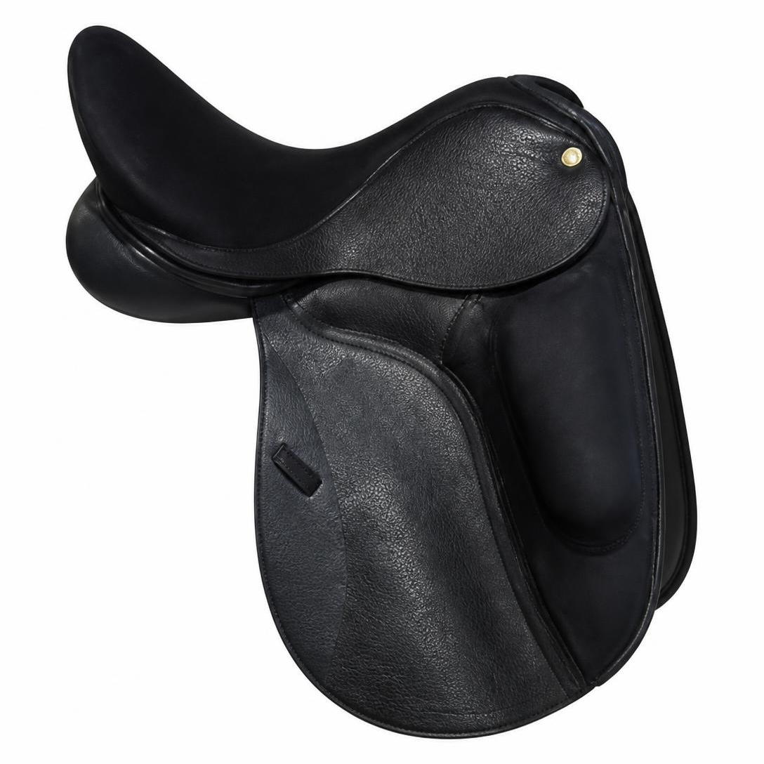A black leather equestrian saddle with a small gold-colored metal rivet on the flap, shown against a solid white background.