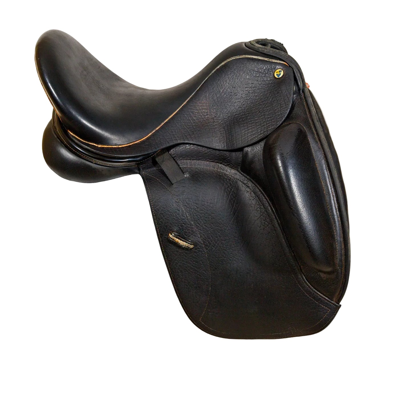 Black leather equestrian saddle on a white background