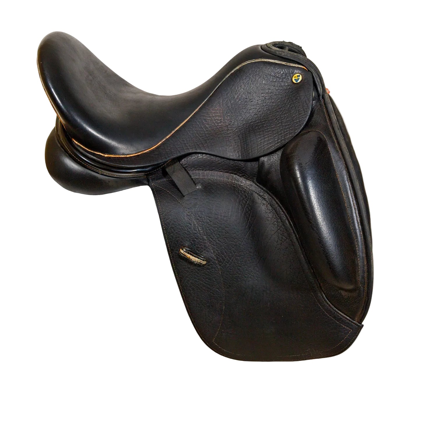 Black leather equestrian saddle on a white background