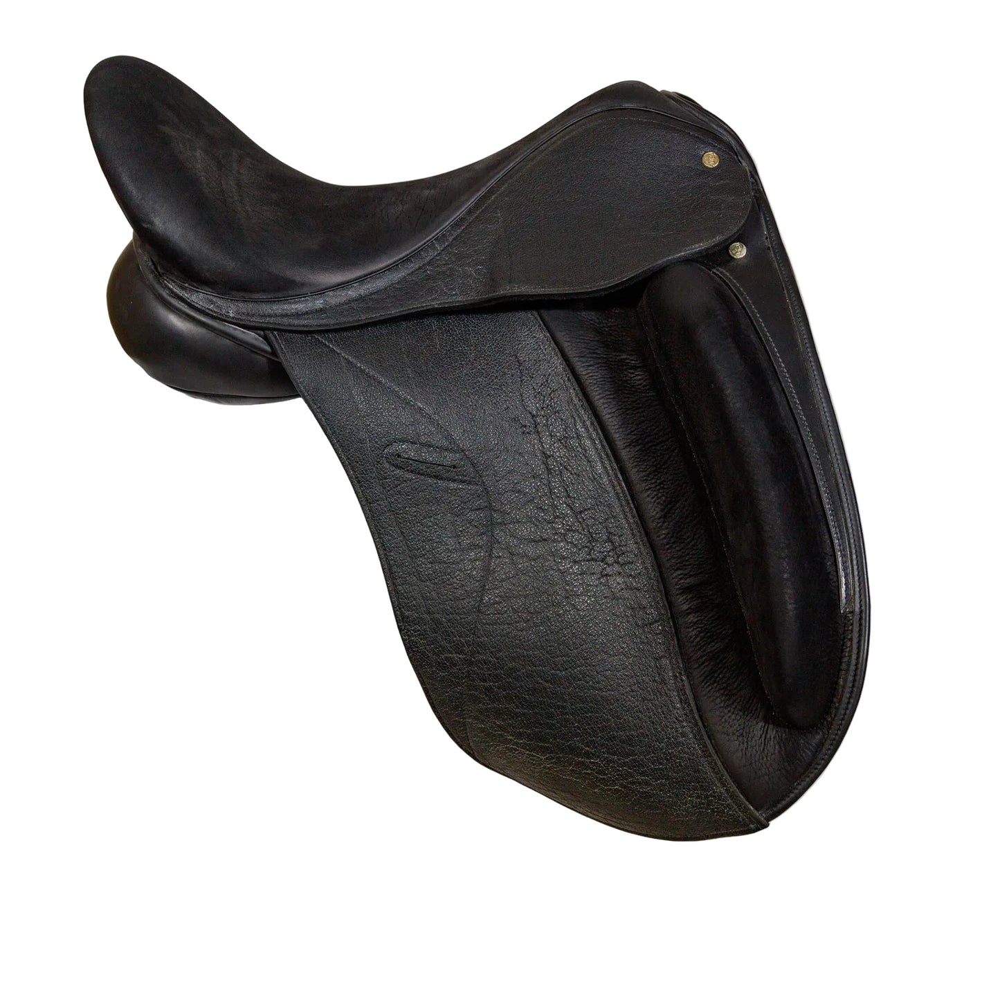 Black leather saddle on a white background