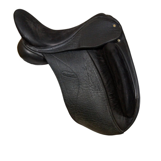 Black leather saddle on a white background