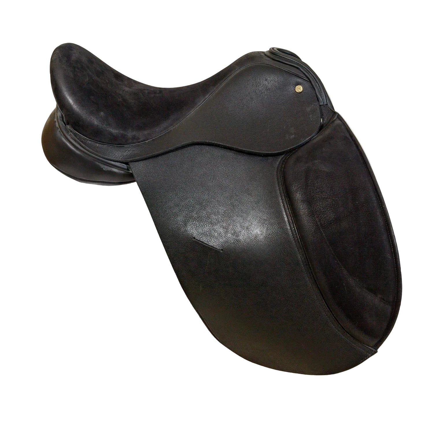 Black leather saddle on a white background
