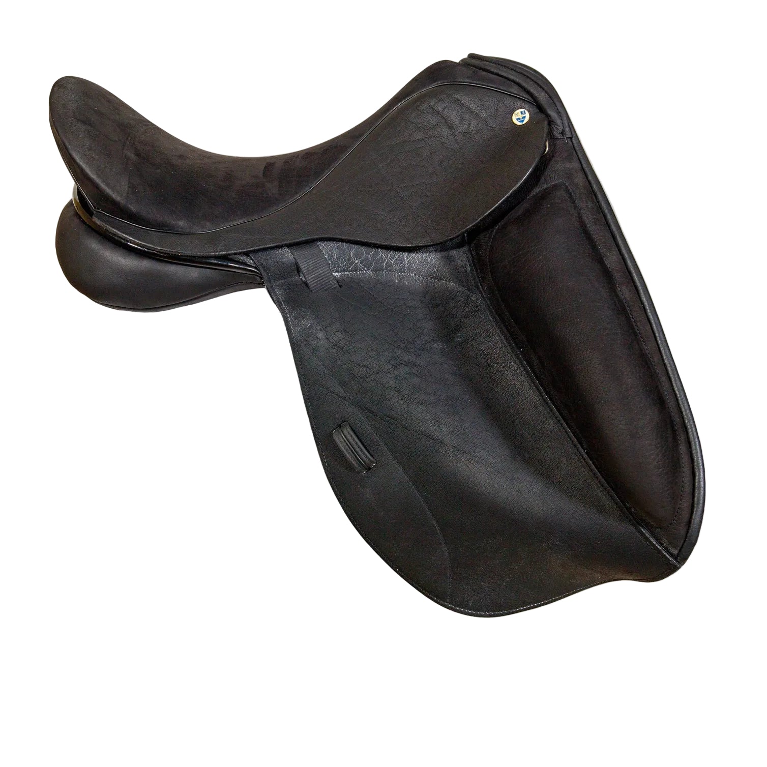 Black leather saddle on a white background