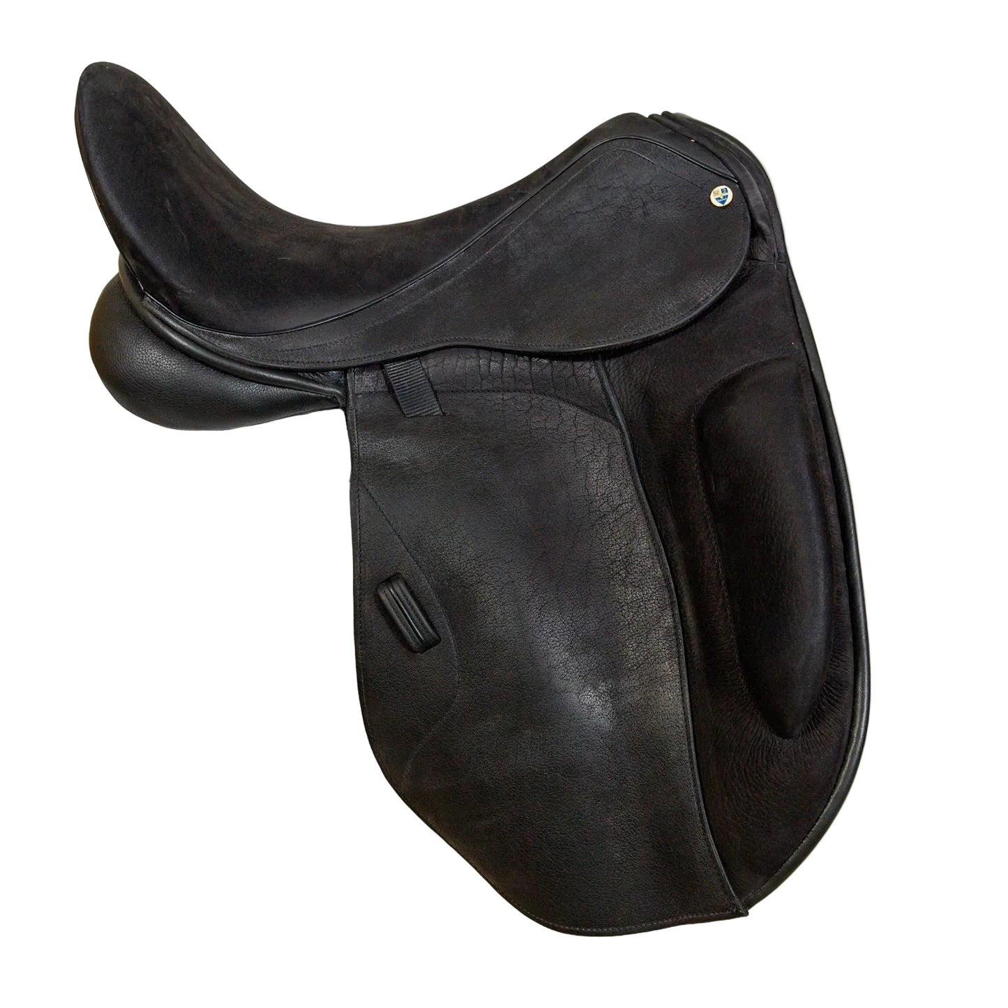Black leather saddle on a white background