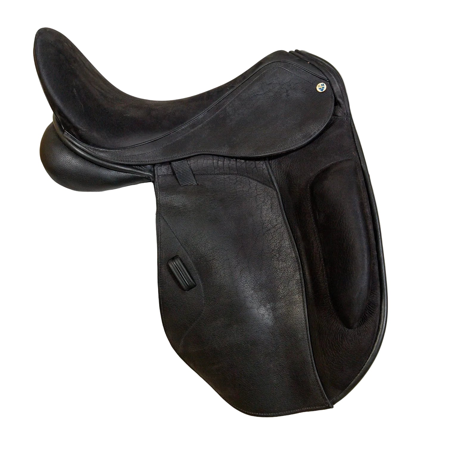 Black leather saddle on a white background